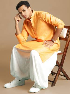 Sanwara men's cotton deep orange color stylish solid casual kurta 5