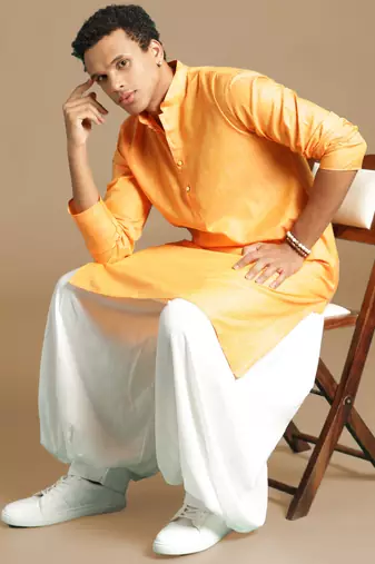 Sanwara men's cotton deep orange color stylish solid casual kurta