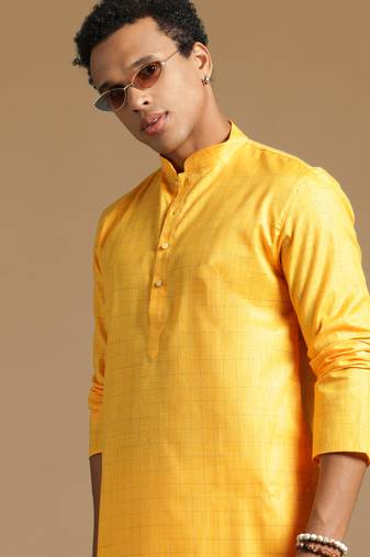 Sanwara men's cotton yellow green color stylish solid casual kurta