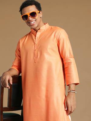 Sanwara men's cotton deep orange color stylish trendy solid casual kurta 1