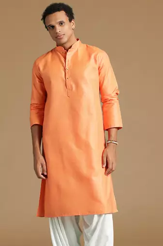 Sanwara men's cotton deep orange color stylish trendy solid casual kurta