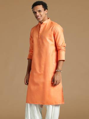 Sanwara men's cotton deep orange color stylish trendy solid casual kurta 3