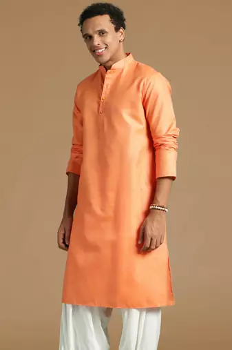 Sanwara men's cotton deep orange color stylish trendy solid casual kurta
