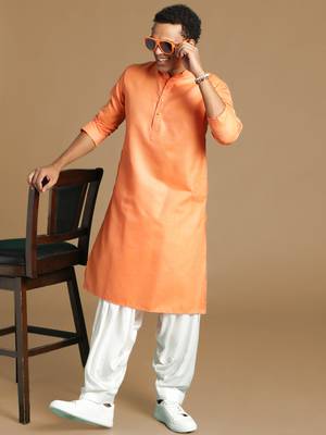 Sanwara men's cotton deep orange color stylish trendy solid casual kurta 5
