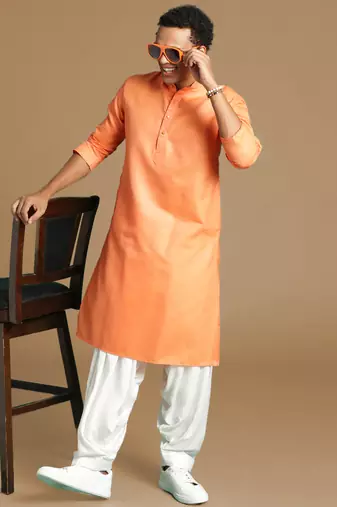 Sanwara men's cotton deep orange color stylish trendy solid casual kurta