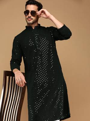 Sanwara men's cotton deep green chikankari trendy kurta 1
