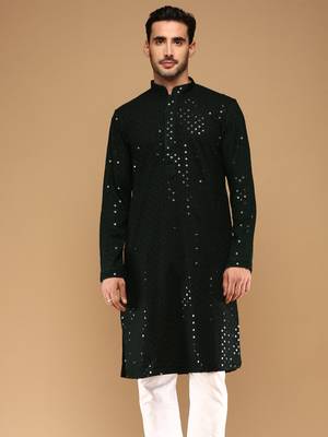 Sanwara men's cotton deep green chikankari trendy kurta 2