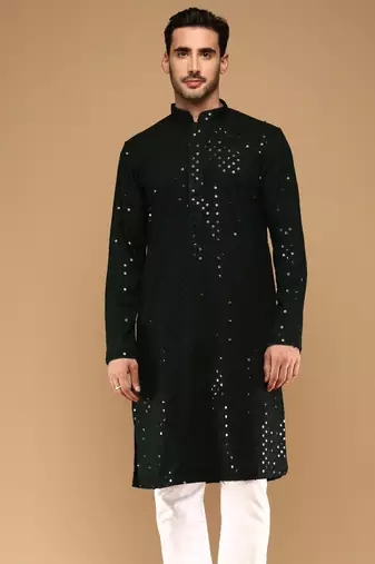 Sanwara men's cotton deep green chikankari trendy kurta