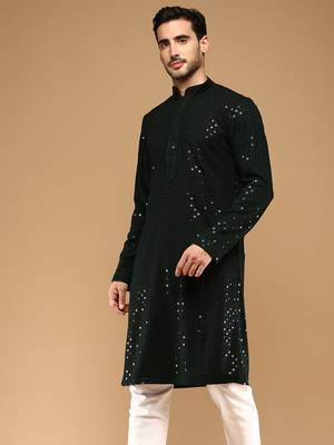 Sanwara men's cotton deep green chikankari trendy kurta 3