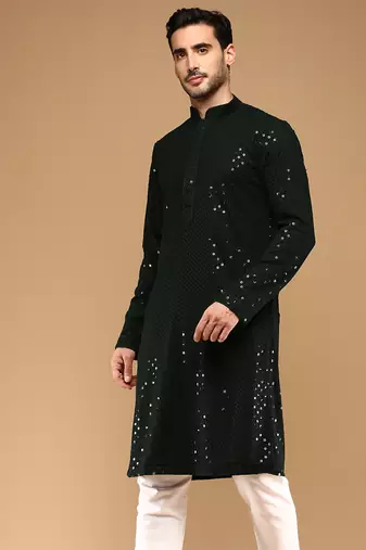 Sanwara men's cotton deep green chikankari trendy kurta