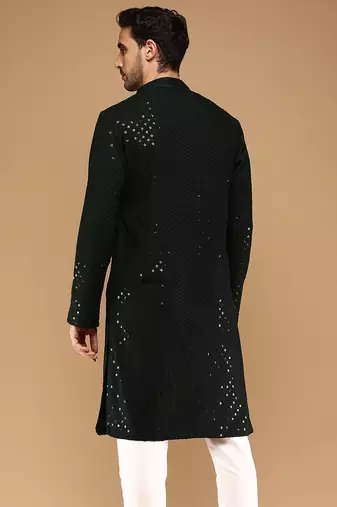 Sanwara men's cotton deep green chikankari trendy kurta