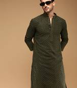 Stylish mehandi green chikankari with sequins cotton kurta for men by sanwara