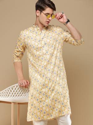 Sanwara men's trendy motifs yellow printed cotton stylish kurta 1
