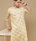 Sanwara men's trendy motifs yellow printed cotton stylish kurta