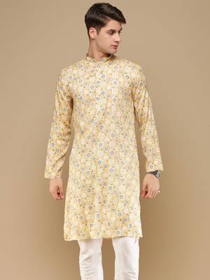 Sanwara men's trendy motifs yellow printed cotton stylish kurta 2
