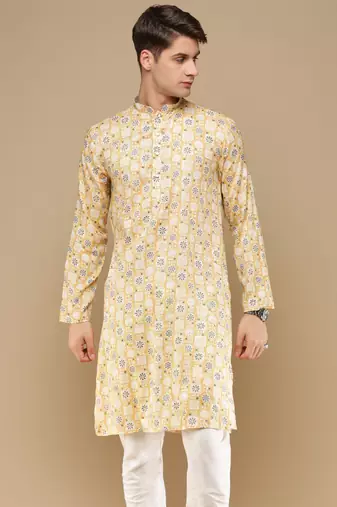 Sanwara men's trendy motifs yellow printed cotton stylish kurta