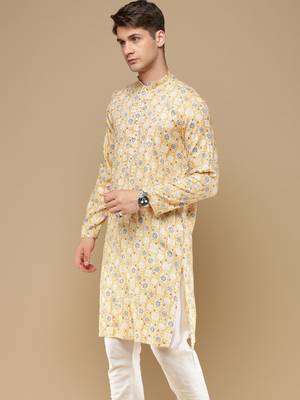 Sanwara men's trendy motifs yellow printed cotton stylish kurta 3