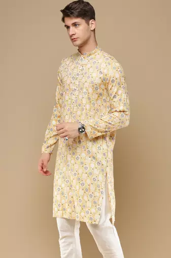 Sanwara men's trendy motifs yellow printed cotton stylish kurta