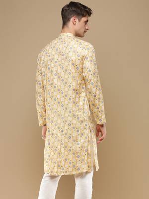 Sanwara men's trendy motifs yellow printed cotton stylish kurta 4