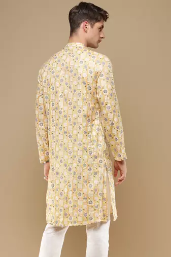 Sanwara men's trendy motifs yellow printed cotton stylish kurta