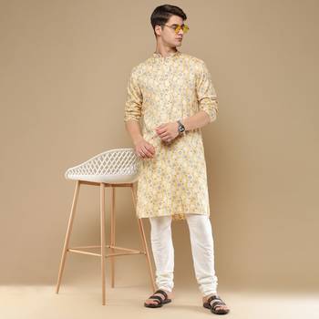 Sanwara men's trendy motifs yellow printed cotton stylish kurta 5