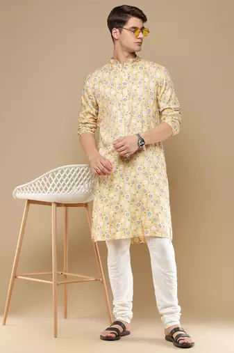 Sanwara men's trendy motifs yellow printed cotton stylish kurta