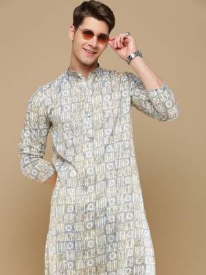 Sanwara men's trendy motifs grey printed cotton stylish kurta 1