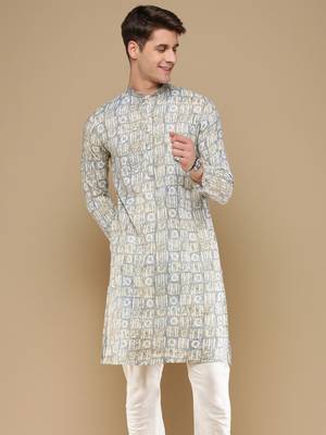 Sanwara men's trendy motifs grey printed cotton stylish kurta 2