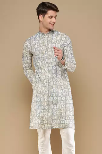 Sanwara men's trendy motifs grey printed cotton stylish kurta