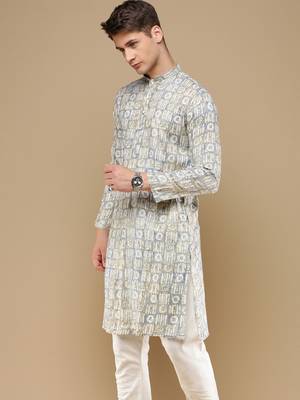 Sanwara men's trendy motifs grey printed cotton stylish kurta 3