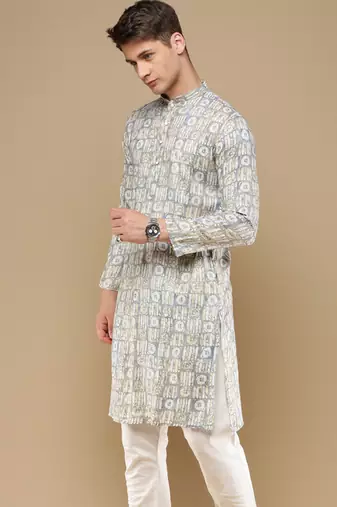 Sanwara men's trendy motifs grey printed cotton stylish kurta