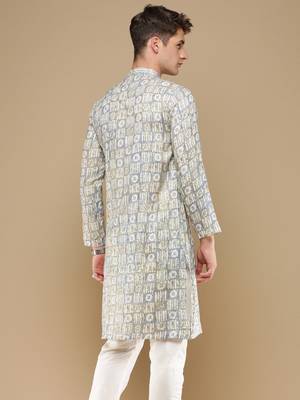 Sanwara men's trendy motifs grey printed cotton stylish kurta 4