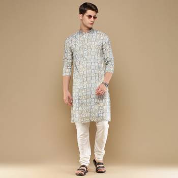 Sanwara men's trendy motifs grey printed cotton stylish kurta 5