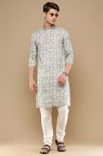 Sanwara men's trendy motifs grey printed cotton stylish kurta