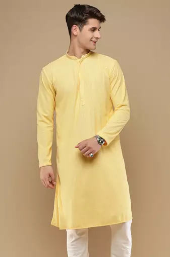 Unleash your style with men's light yellow chikankari designer kurta by sanwara
