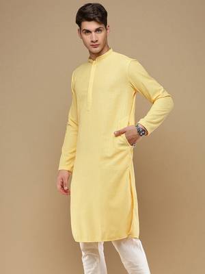 Unleash your style with men's light yellow chikankari designer kurta by sanwara 3
