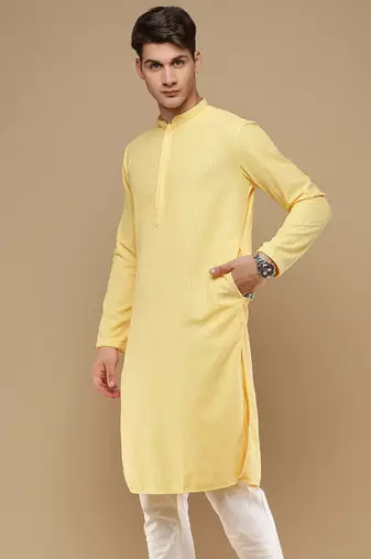 Unleash your style with men's light yellow chikankari designer kurta by sanwara