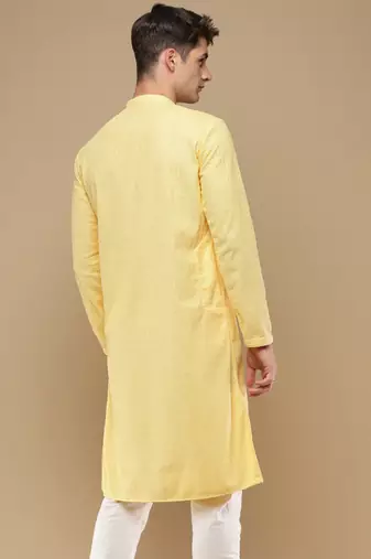 Unleash your style with men's light yellow chikankari designer kurta by sanwara