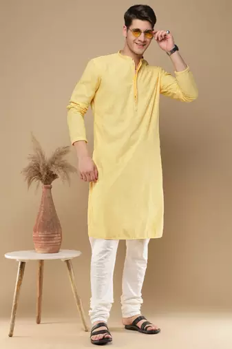 Unleash your style with men's light yellow chikankari designer kurta by sanwara