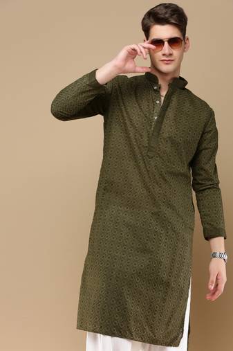 Sanwara men's cotton mehandi green chikankari designer trendy kurta