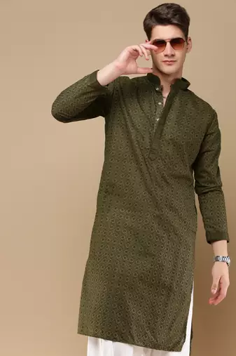 Sanwara men's cotton mehandi green chikankari designer trendy kurta