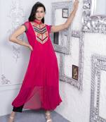 Nikhaar pink embroidered georgette asymmetrical kurta & pants set