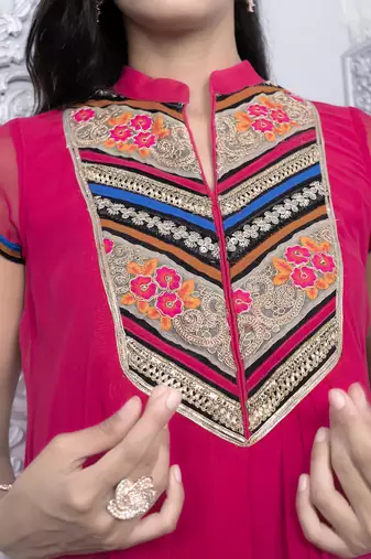 Nikhaar pink embroidered georgette asymmetrical kurta & pants set