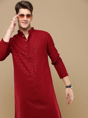 Stylish maroon chikankari with sequins cotton kurta for men by sanwara 1