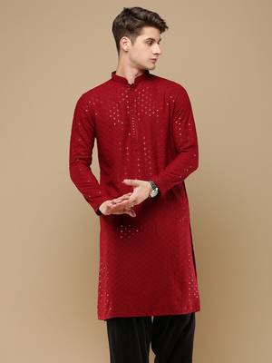 Stylish maroon chikankari with sequins cotton kurta for men by sanwara 2