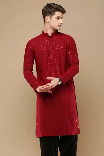 Stylish maroon chikankari with sequins cotton kurta for men by sanwara
