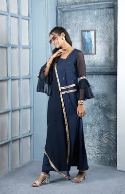 Nikhaar navy-blue embroidered georgette asymmetrical kurta & pants set 3