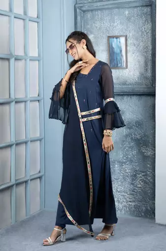 Nikhaar navy-blue embroidered georgette asymmetrical kurta & pants set