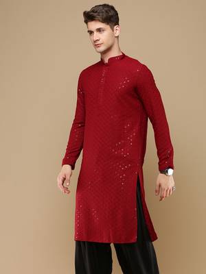 Stylish maroon chikankari with sequins cotton kurta for men by sanwara 3