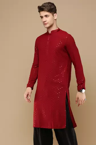 Stylish maroon chikankari with sequins cotton kurta for men by sanwara
